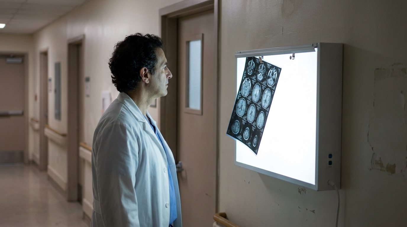 Doctor Reviewing Brain Scans HIE Birth Injury San Bernardino physician in lab coat examining brain MRI scans on hospital lightbox