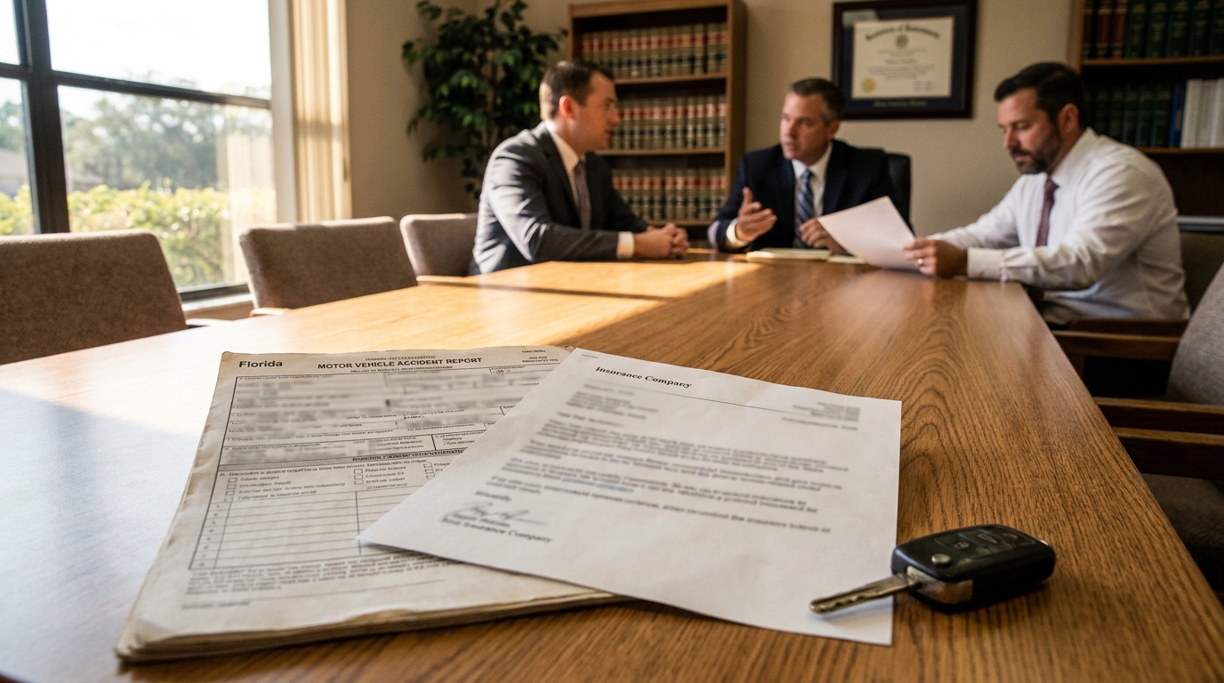 Florida Motor Vehicle Accident Report and insurance document with car key during attorney meeting