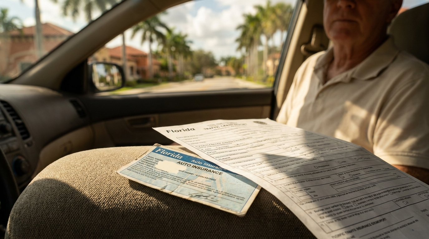 Florida auto insurance card and traffic crash report on car seat
