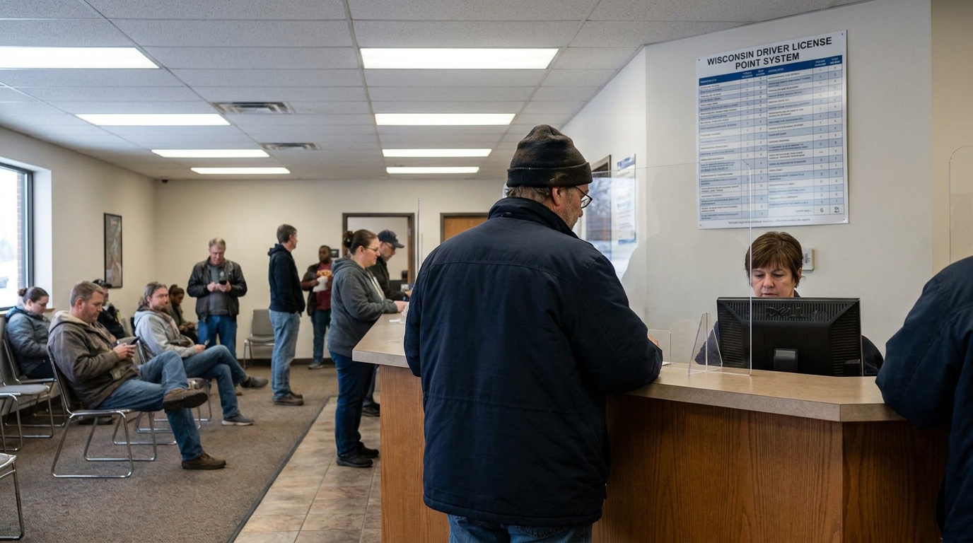 Wisconsin DMV Driver License Point System Madison Office Wisconsin Driver License Point System chart posted at DMV service counter with waiting visitors