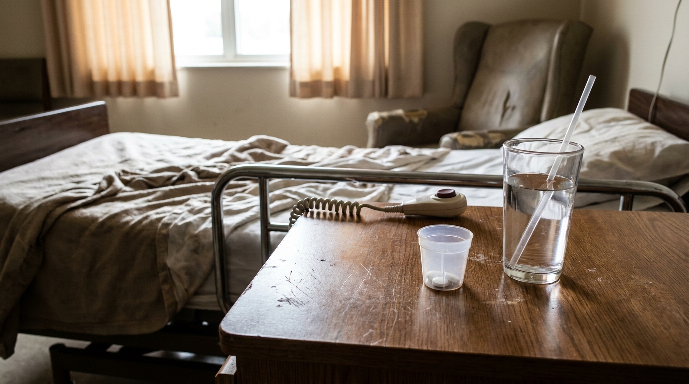 Neglected New York Nursing Home Room With Unmade Bed neglected nursing home room with unmade bed, call button, and water glass