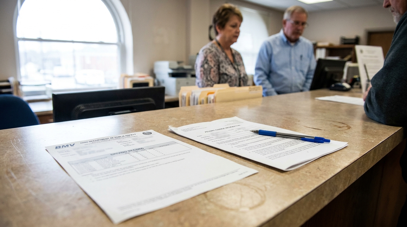Ohio BMV Driving Record and Felony OVI Charge Cincinnati Ohio BMV driving record and felony charge information forms on office counter