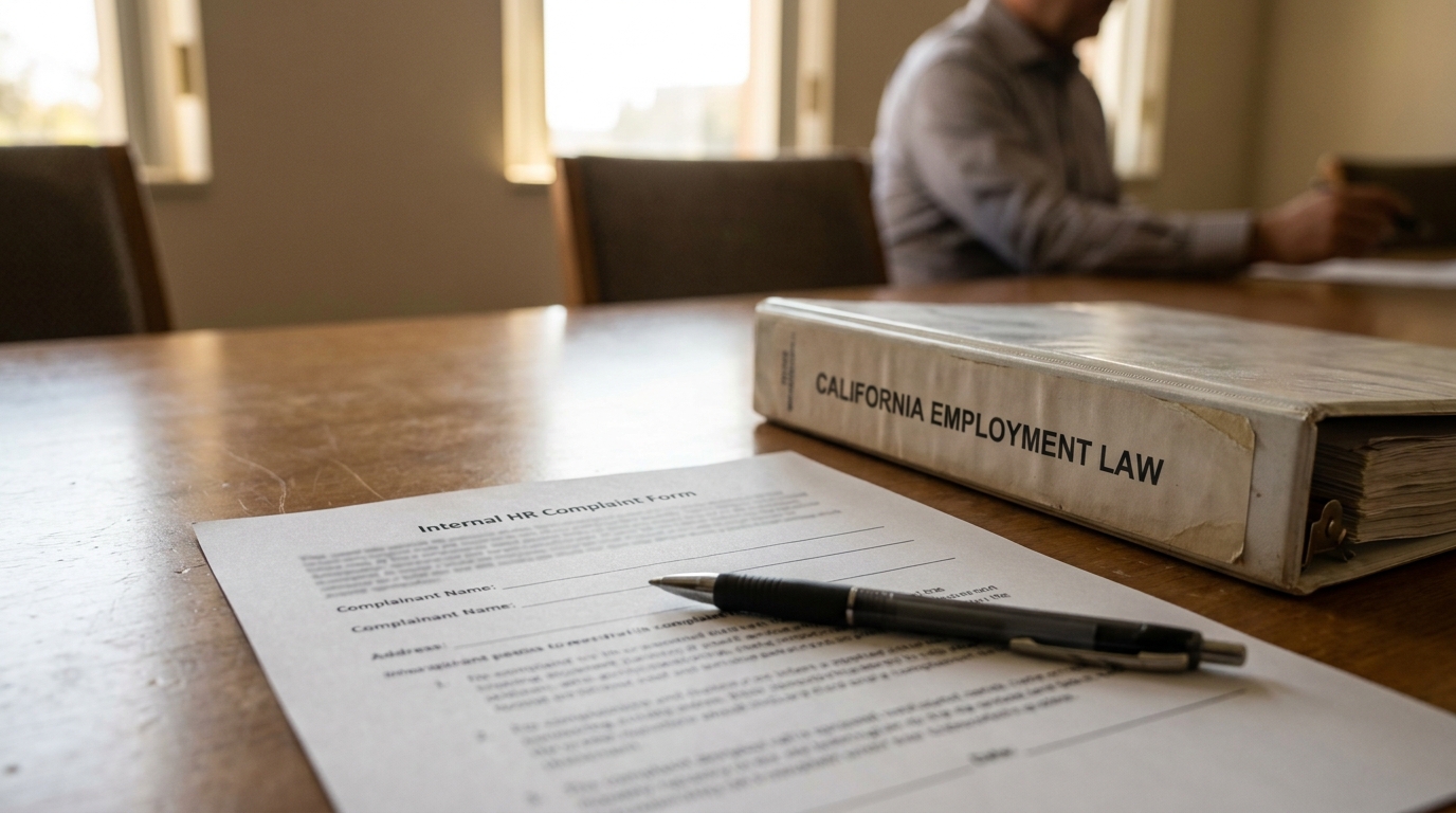 California Employment Law Book HR Anonymous Harassment Complaint Form Internal HR Complaint Form and California Employment Law binder on desk with pen