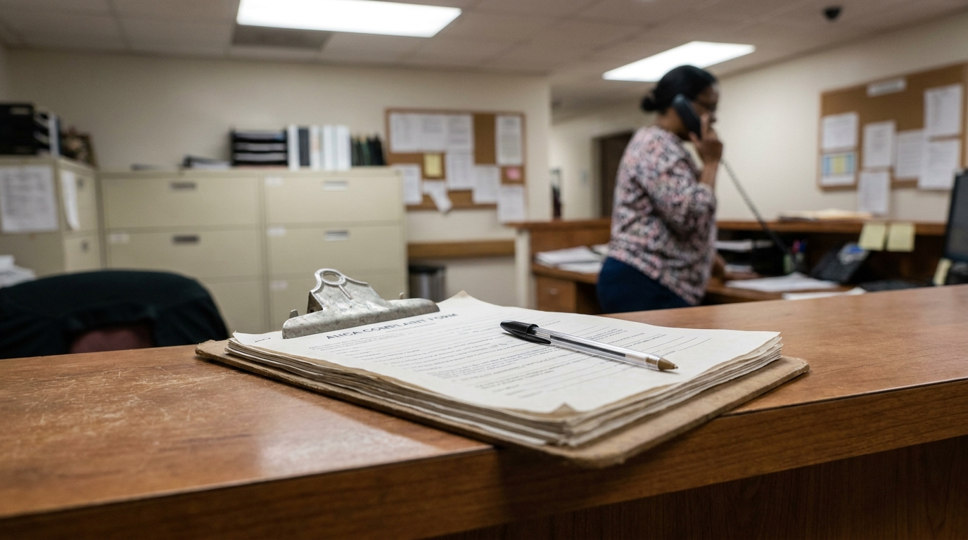 ATCA complaint form on clipboard with pen on office counter, staff member on phone in background