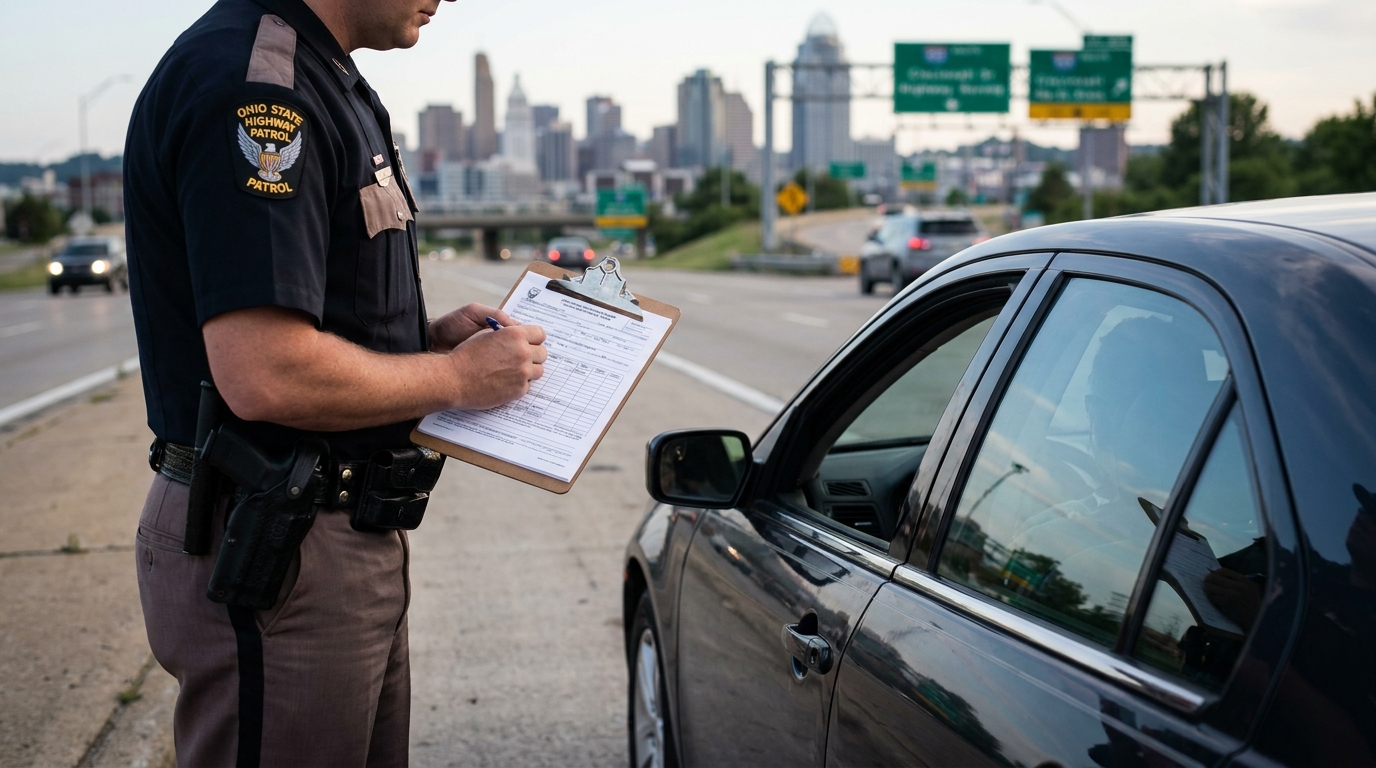 Ohio State Patrol Officer During Cincinnati OVI Traffic Stop Ohio State Highway Patrol officer writing on clipboard beside stopped vehicle on highway