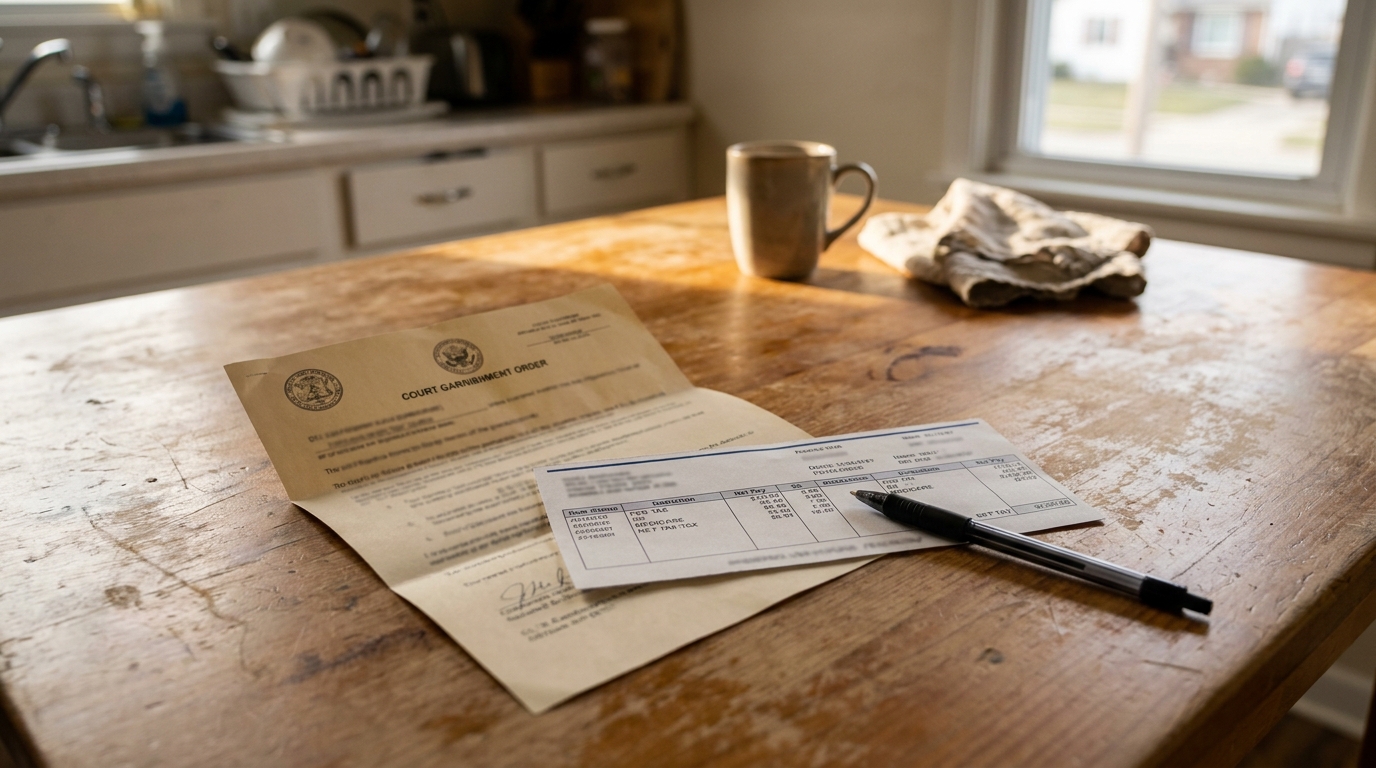 Leominster MA Court Garnishment Order and Wage Statement Court Garnishment Order document and pay stub on wooden kitchen table with pen