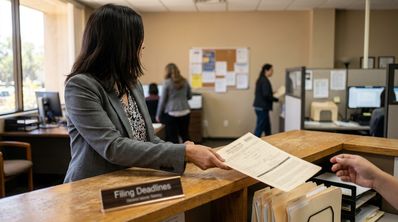 Redondo Beach Workplace Harassment Claim Filing Deadline attorney handing legal documents at court clerk counter with Filing Deadlines sign