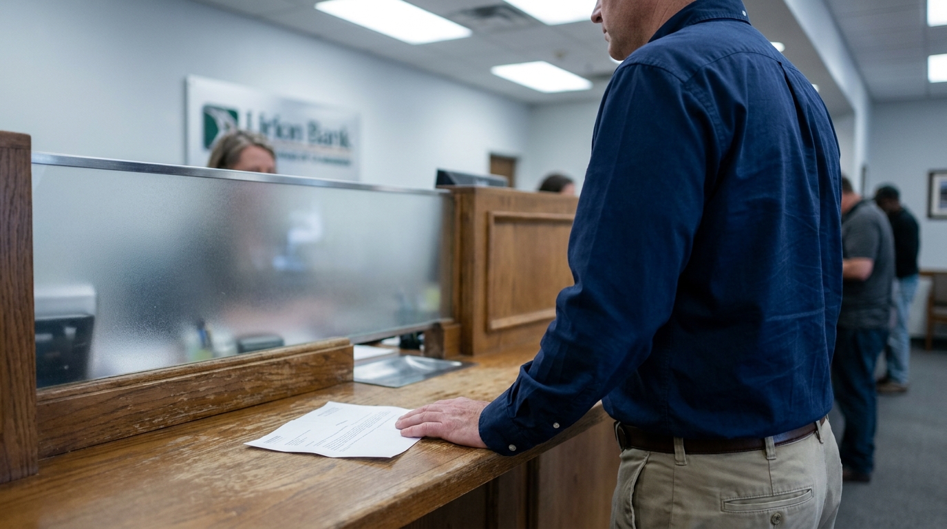 man standing at Union Bank teller counter holding document at service window