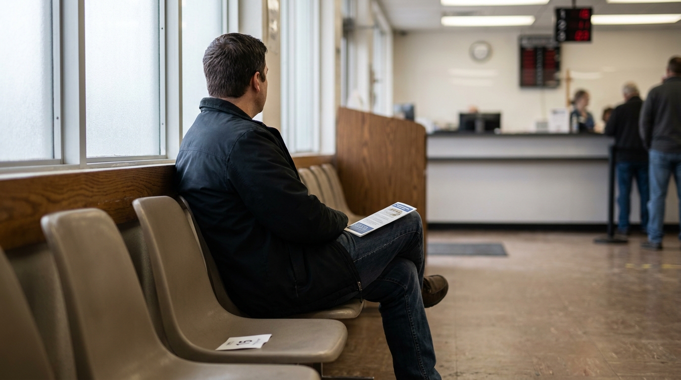 man seated in government office waiting area holding printed document