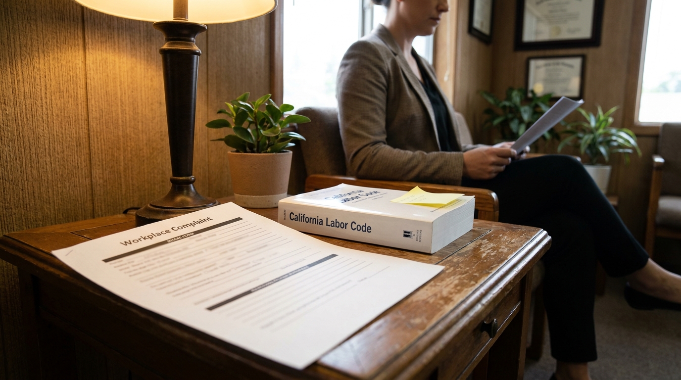 Redondo Beach Attorney Reviewing Workplace Complaint California Labor Code Workplace Complaint form and California Labor Code book on attorney office desk