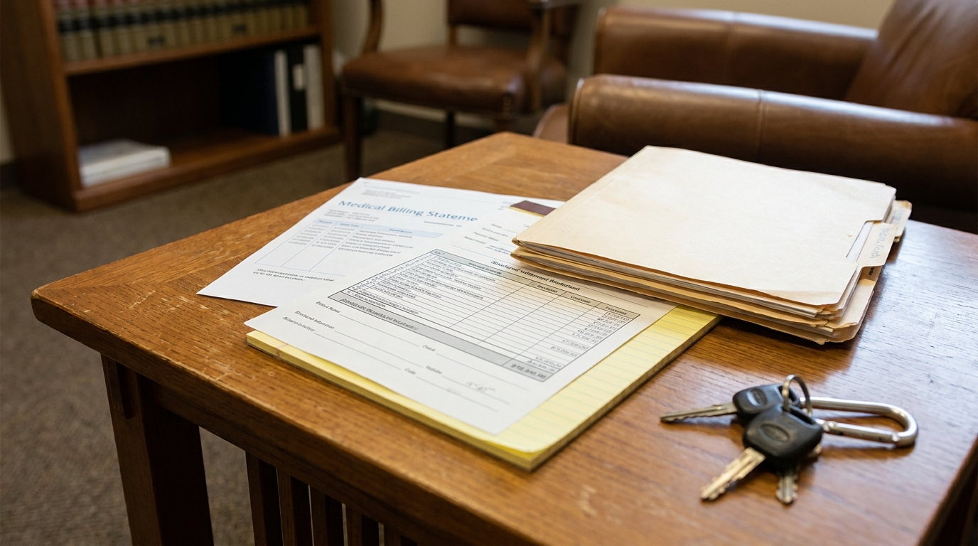 Missoula Truck Accident Lawyer Medical Bills and Claim Documents medical billing statement and case files with car keys on law office table