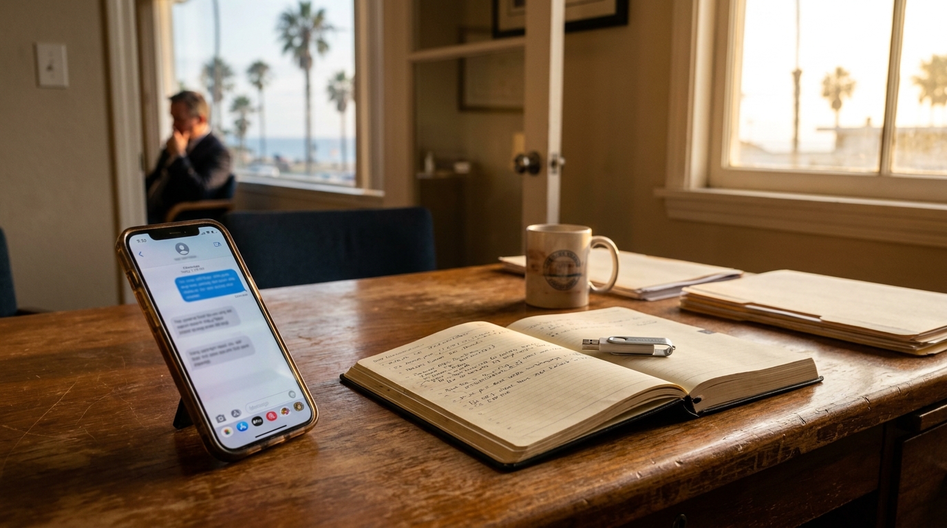 Preserving Workplace Retaliation Evidence Redondo Beach smartphone displaying text messages beside open handwritten notebook and USB drive on wooden desk