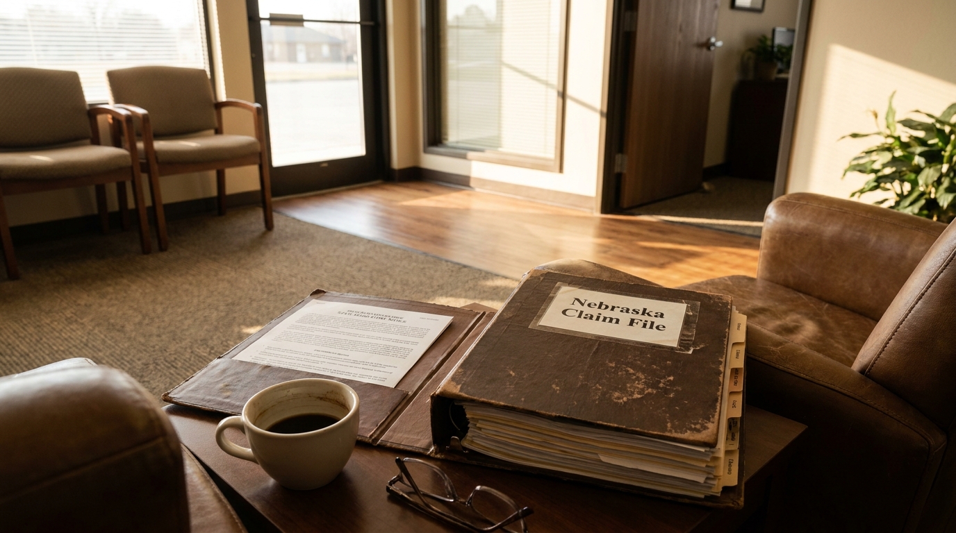 Nebraska Insurance Claim File on Attorney Office Desk Nebraska Claim File binder open on table beside coffee cup and eyeglasses