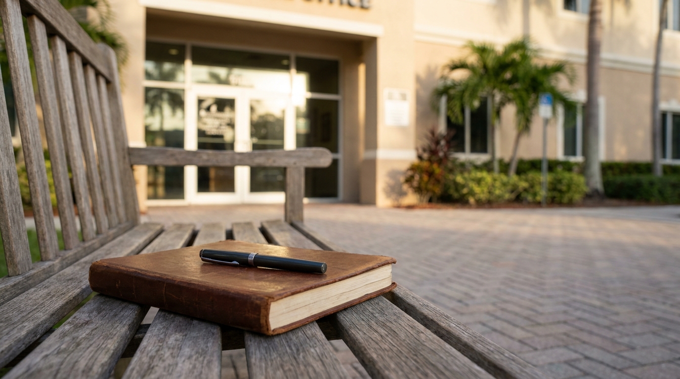 Injury Recovery Journal Outside Plantation Florida Law Office leather-bound book and pen on wooden bench outside law office building