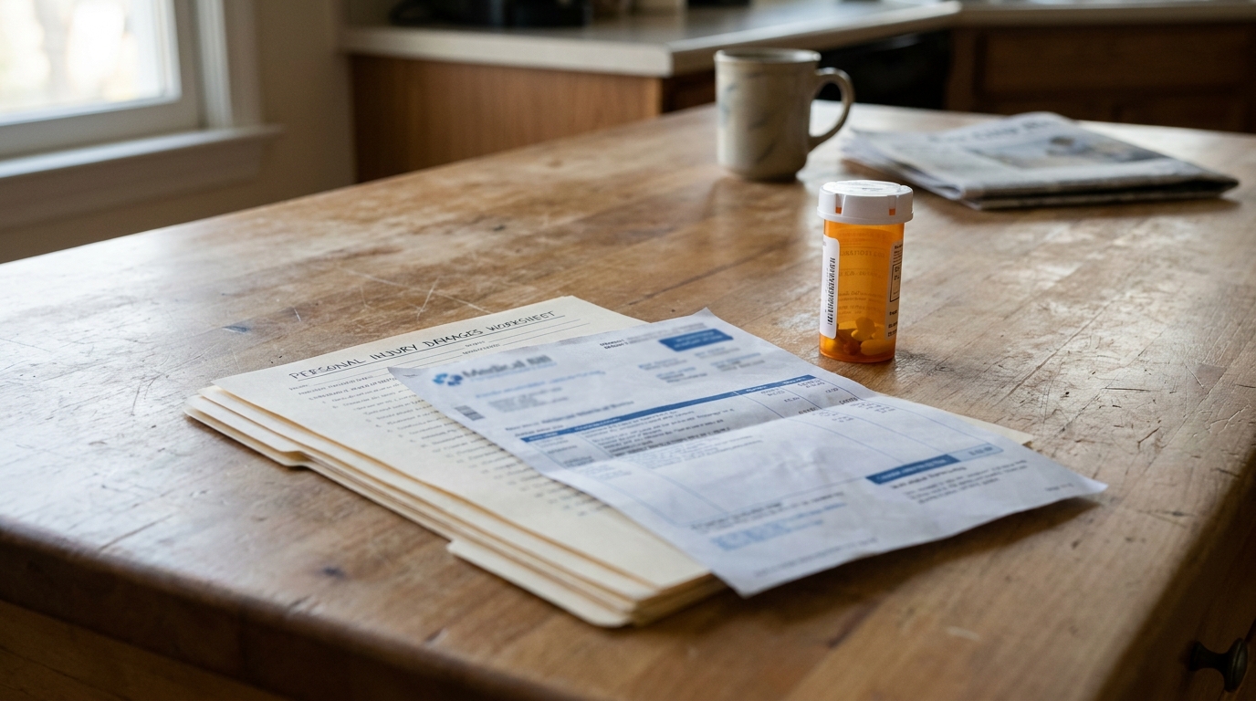 Fort Lauderdale Personal Injury Damages Worksheet and Medical Bills Personal Injury Damages Worksheet and medical bills beside prescription pill bottle on table
