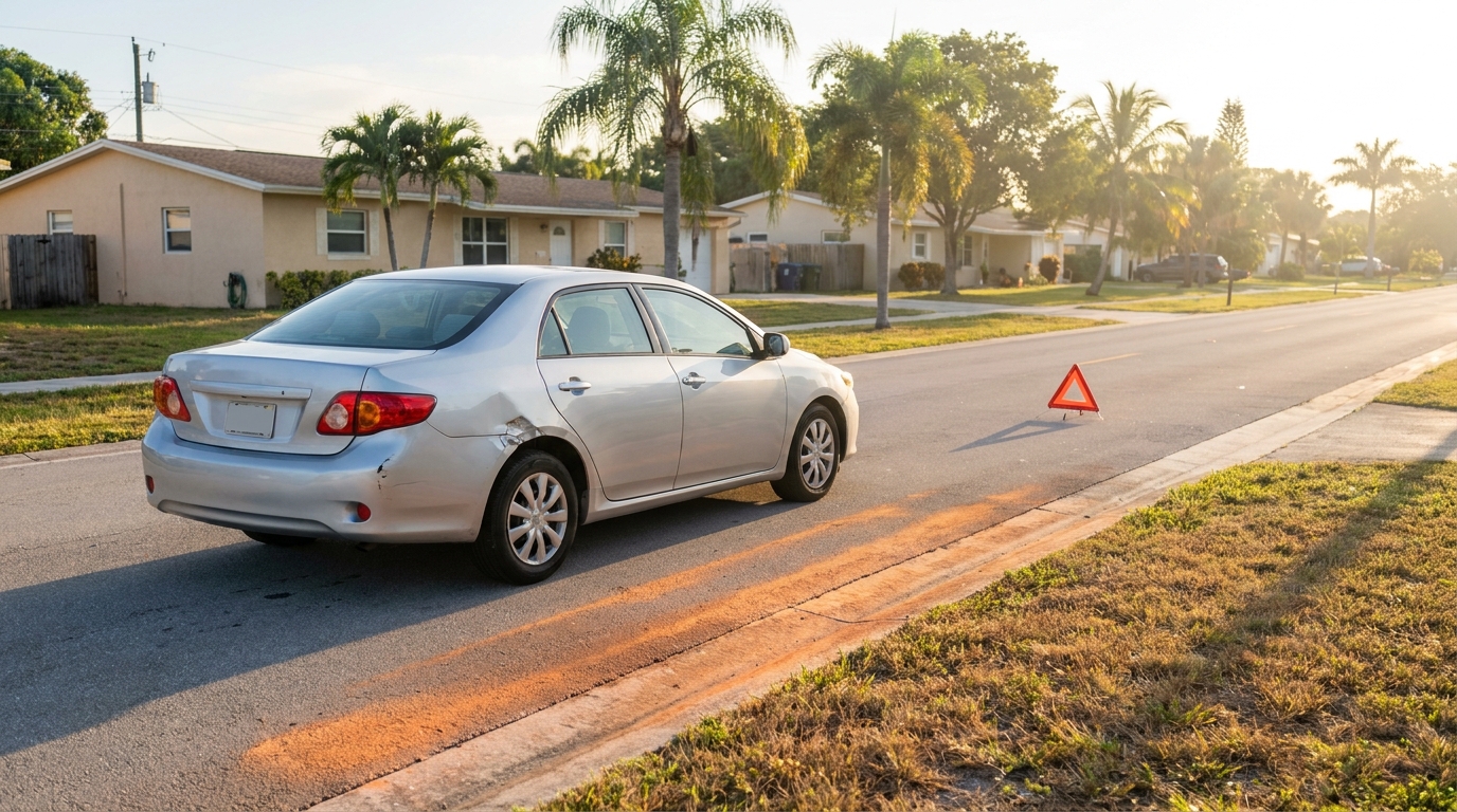 damaged sedan with rear collision damage stopped near roadside warning triangle