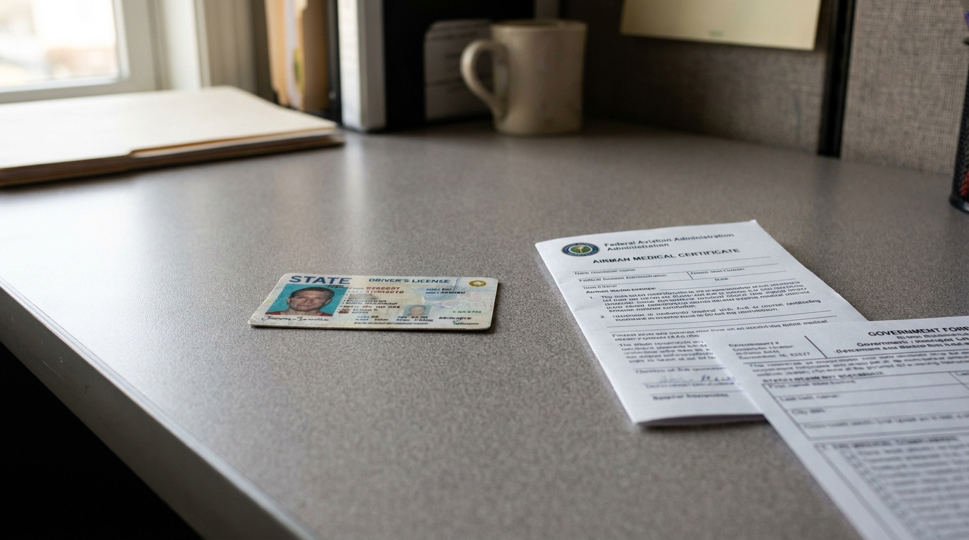 state driver's license and FAA Airman Medical Certificate documents on desk
