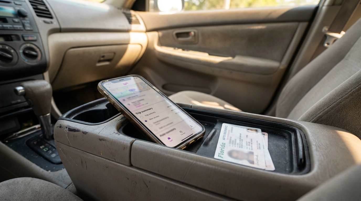 Lyft app trip summary on smartphone beside Florida auto insurance card in vehicle center console