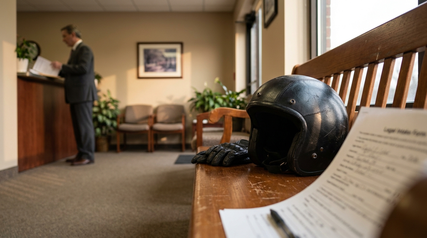 West Virginia Motorcycle Accident Attorney Office Helmet Legal Form motorcycle helmet and gloves beside legal intake form in law firm waiting room