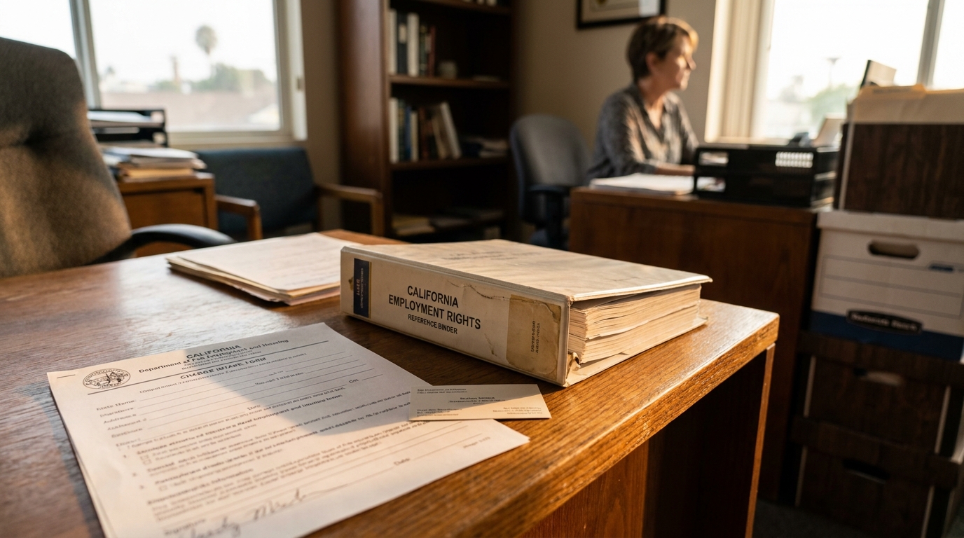 Redondo Beach Workplace Harassment Lawyer Reviewing California Employment Rights California Employment Rights reference binder and DFEH charge intake form on office desk