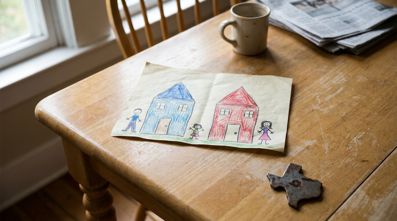 Child Drawing Two Homes Texas 50/50 Custody child's crayon drawing of two separate houses with stick figures on wooden table