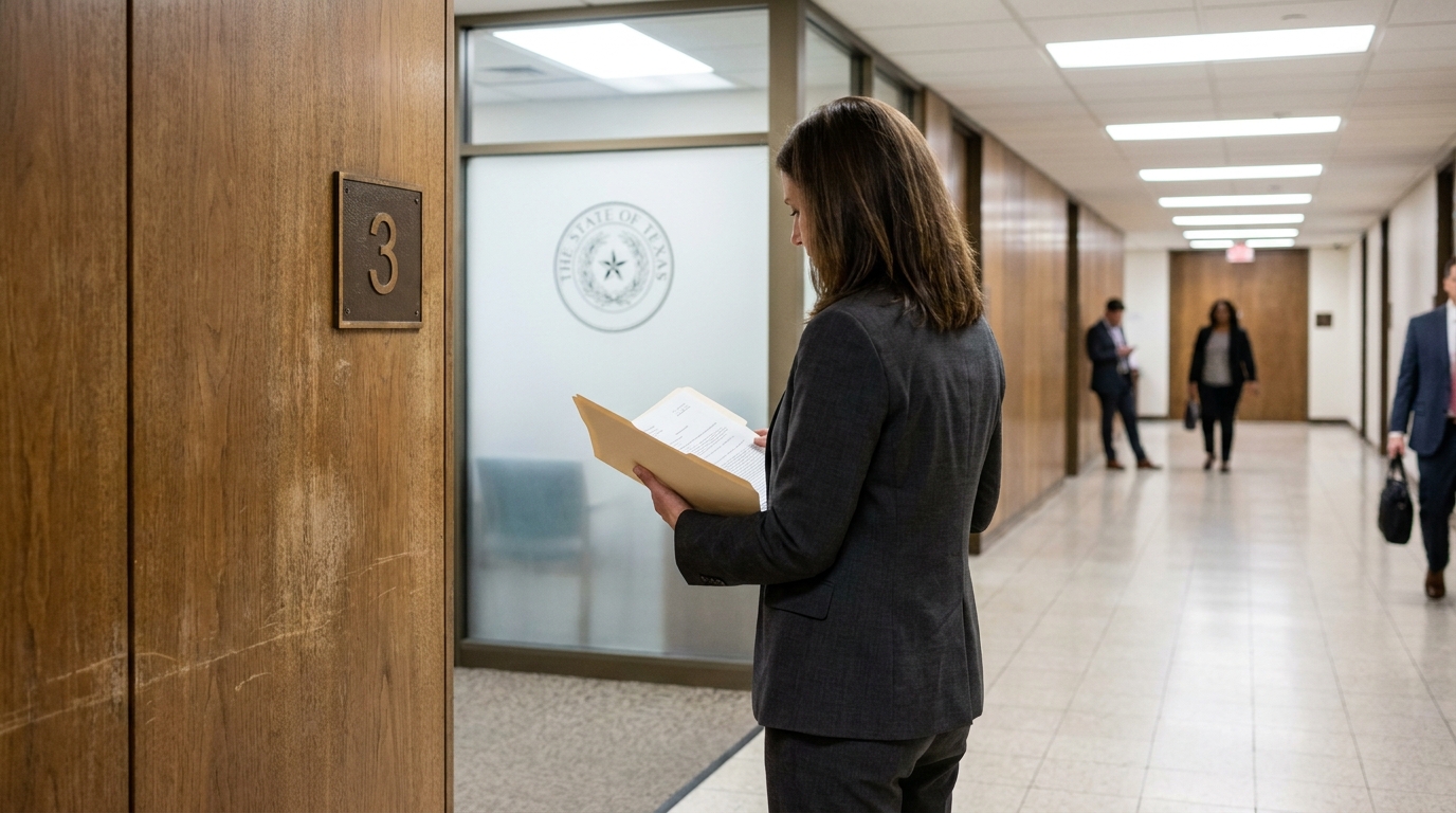 attorney reviewing case folder outside Texas state courthouse courtroom number three