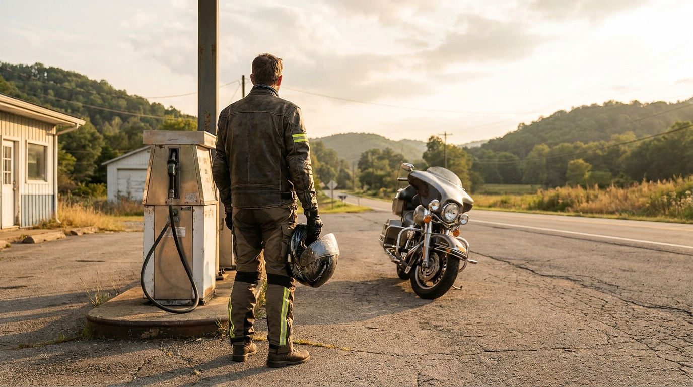 West Virginia Motorcycle Rider Holding Helmet on Rural Road motorcyclist in leather jacket holding helmet standing beside parked touring motorcycle at rural gas station
