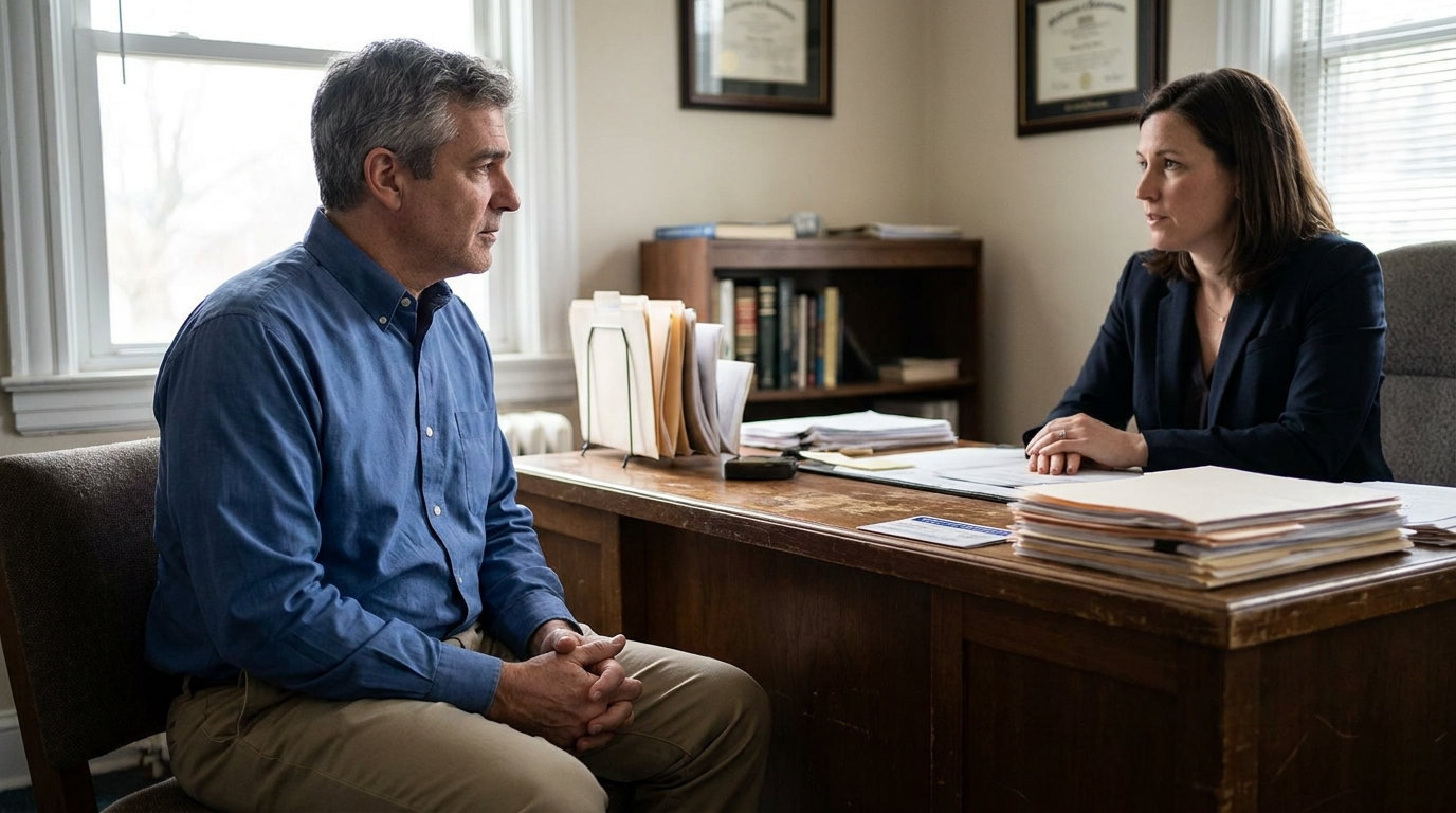 PA Car Accident Client Consulting With Limited Tort Attorney attorney and client meeting across wooden desk with framed credentials on wall