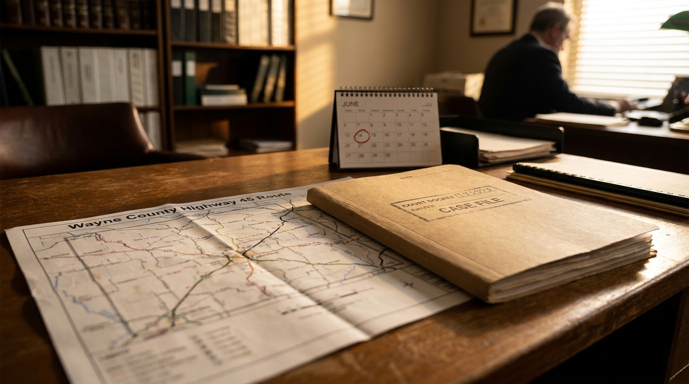 Tupelo Truck Accident Lawyer Wayne County Highway 45 Case File Wayne County Highway 45 Route map and case file folder on law office desk