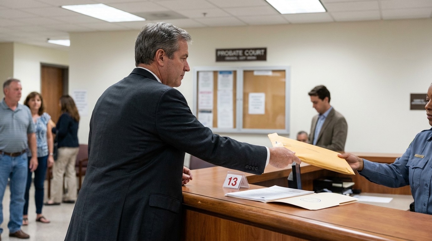 attorney submitting envelope to clerk at Probate Court filing counter