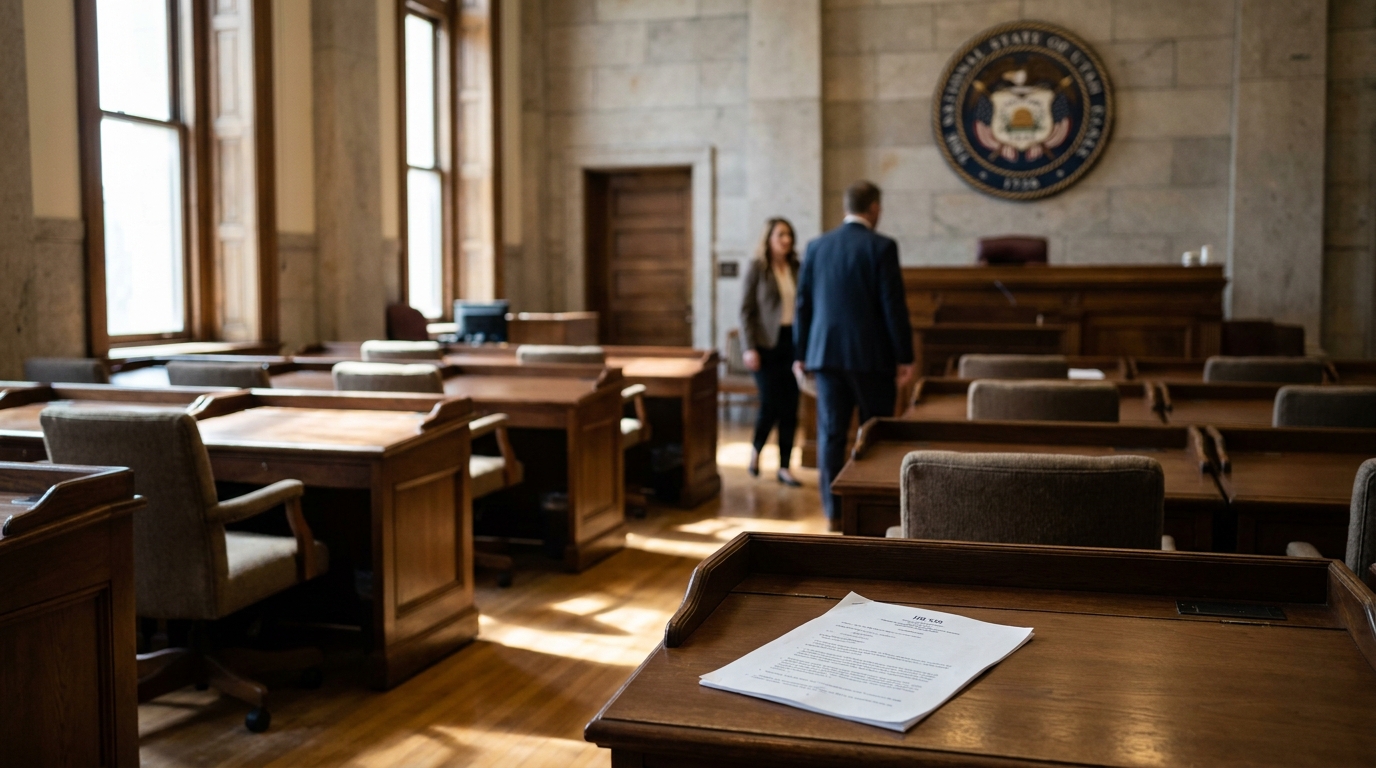 Salt Lake City Utah Courtroom HB 539 Domestic Violence Hearing two attorneys standing in formal courtroom with state seal and legal documents on desk