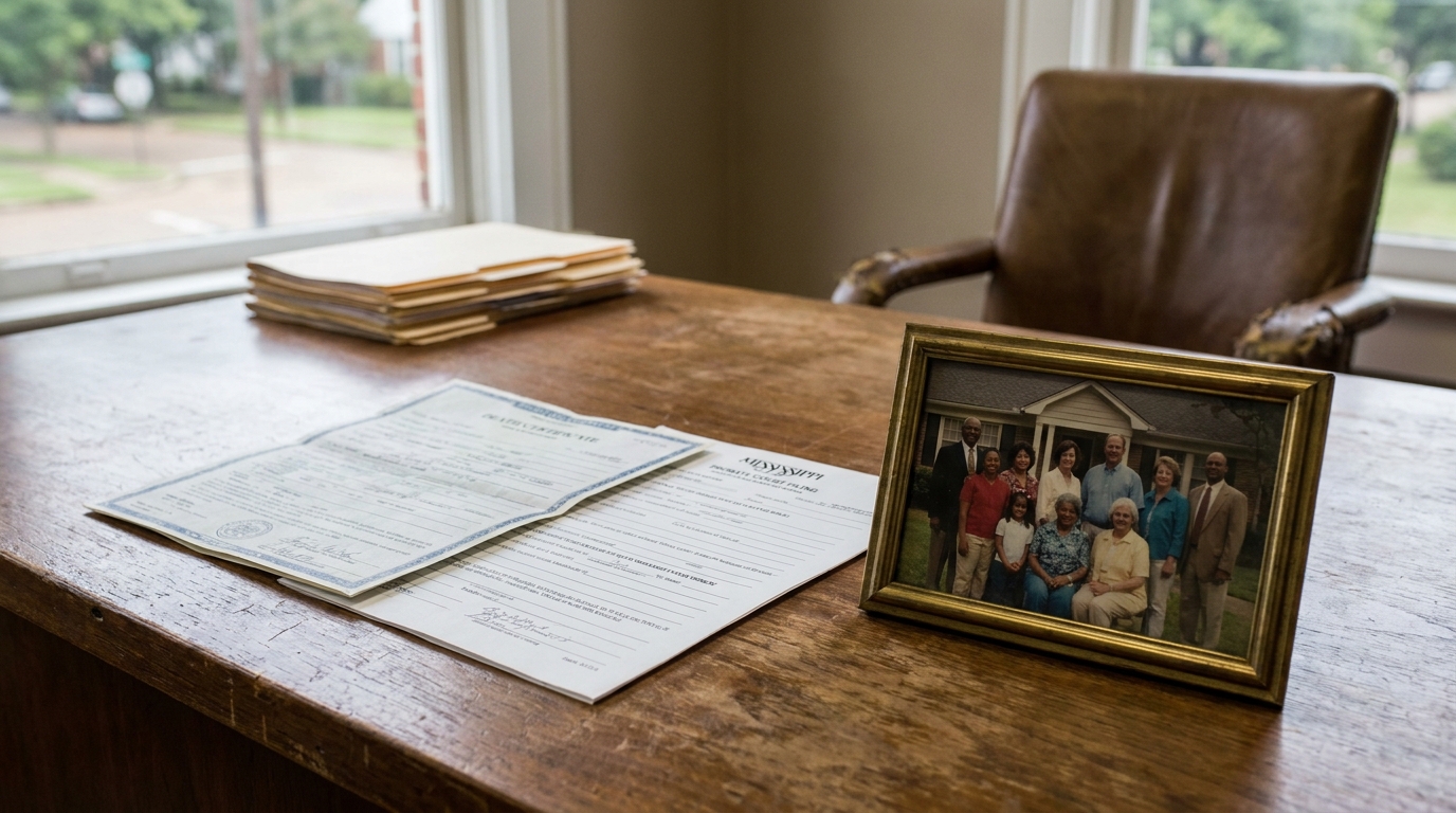 Death certificate and Mississippi probate court filing on wooden attorney desk beside family photo