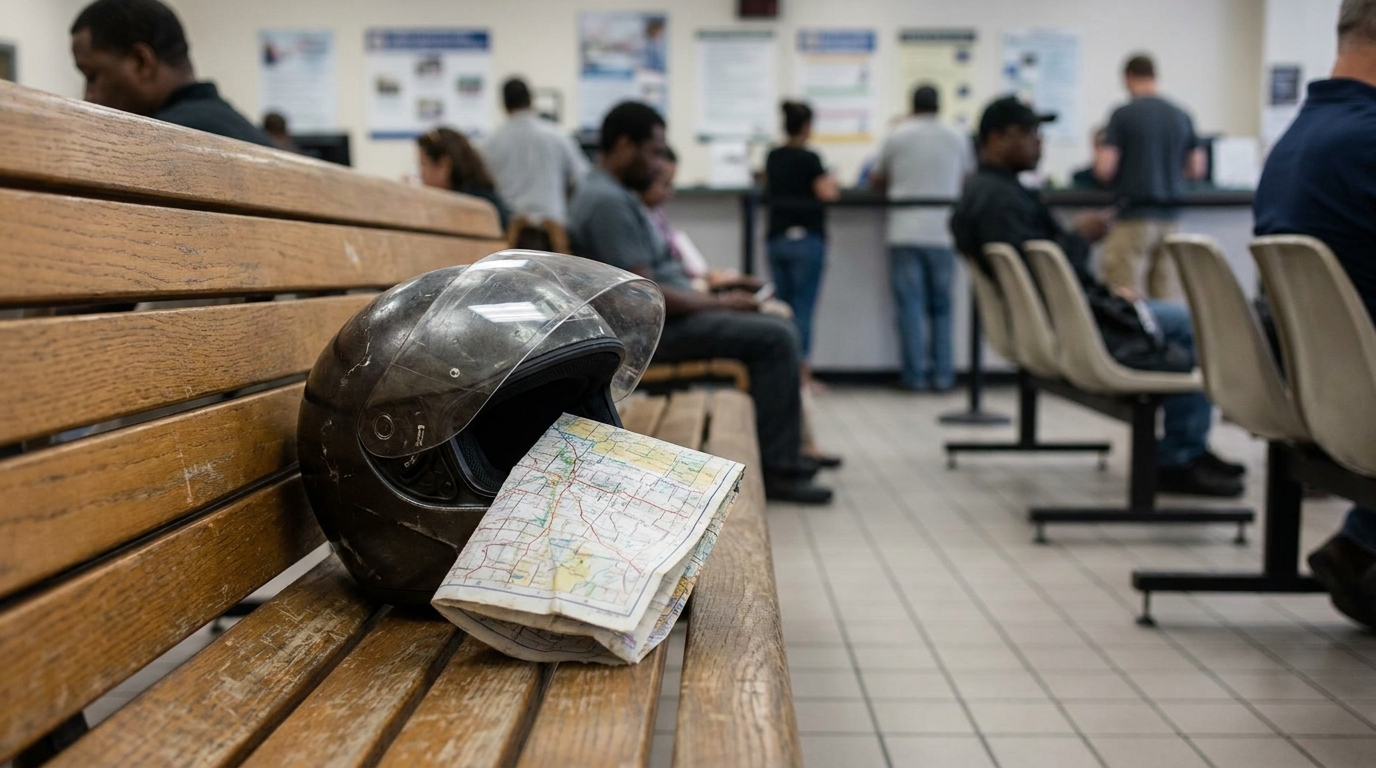motorcycle helmet and road map resting on bench inside busy DMV waiting area