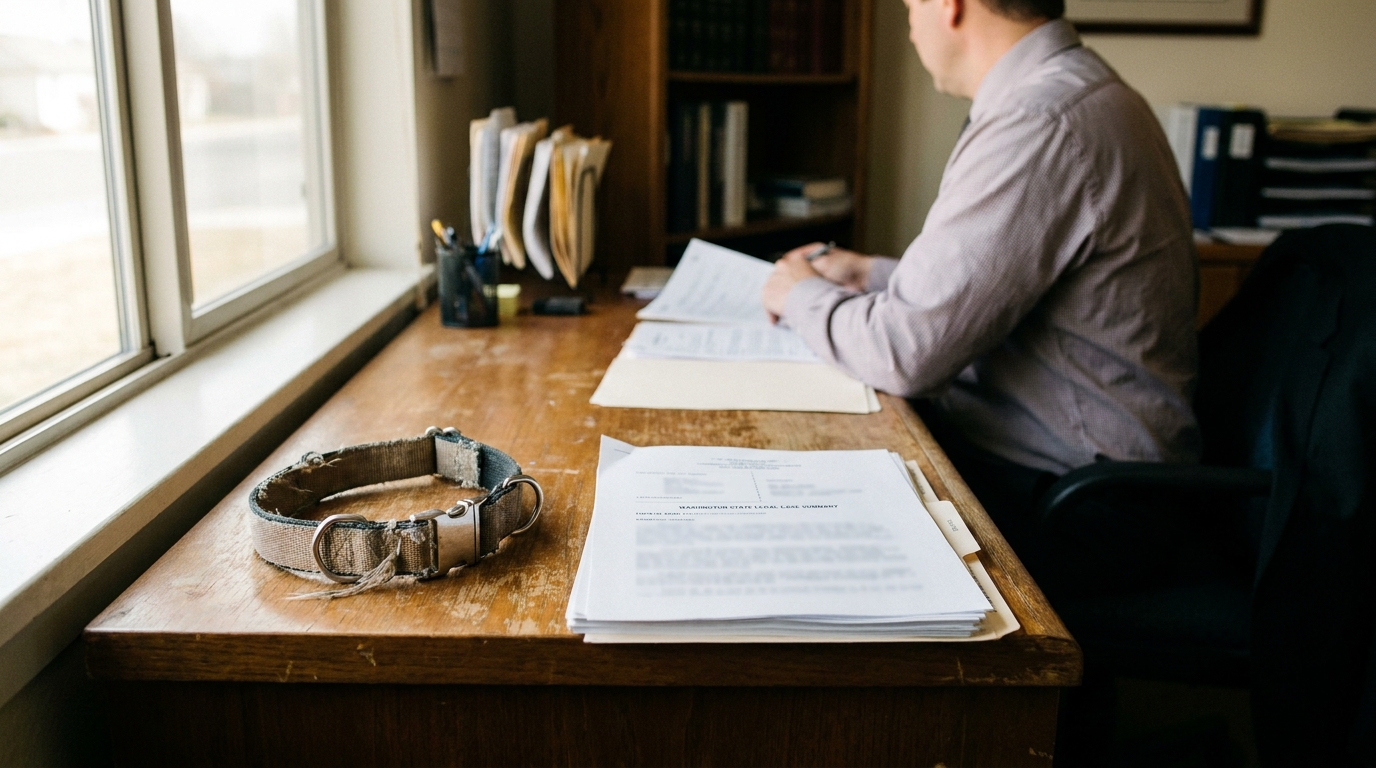 Richland Dog Bite Lawyer Reviewing Comparative Fault Case attorney reviewing Washington State legal case summary documents at wooden desk with dog collar
