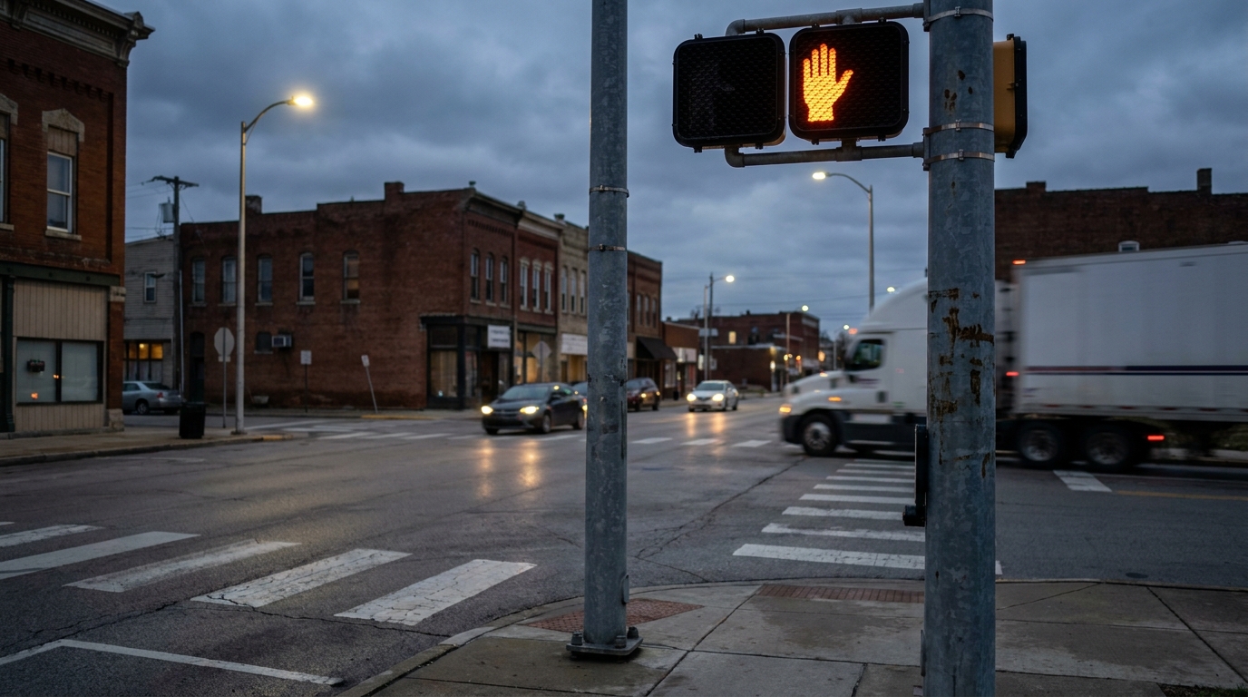 illuminated do not walk signal at urban intersection with crosswalk and passing vehicles