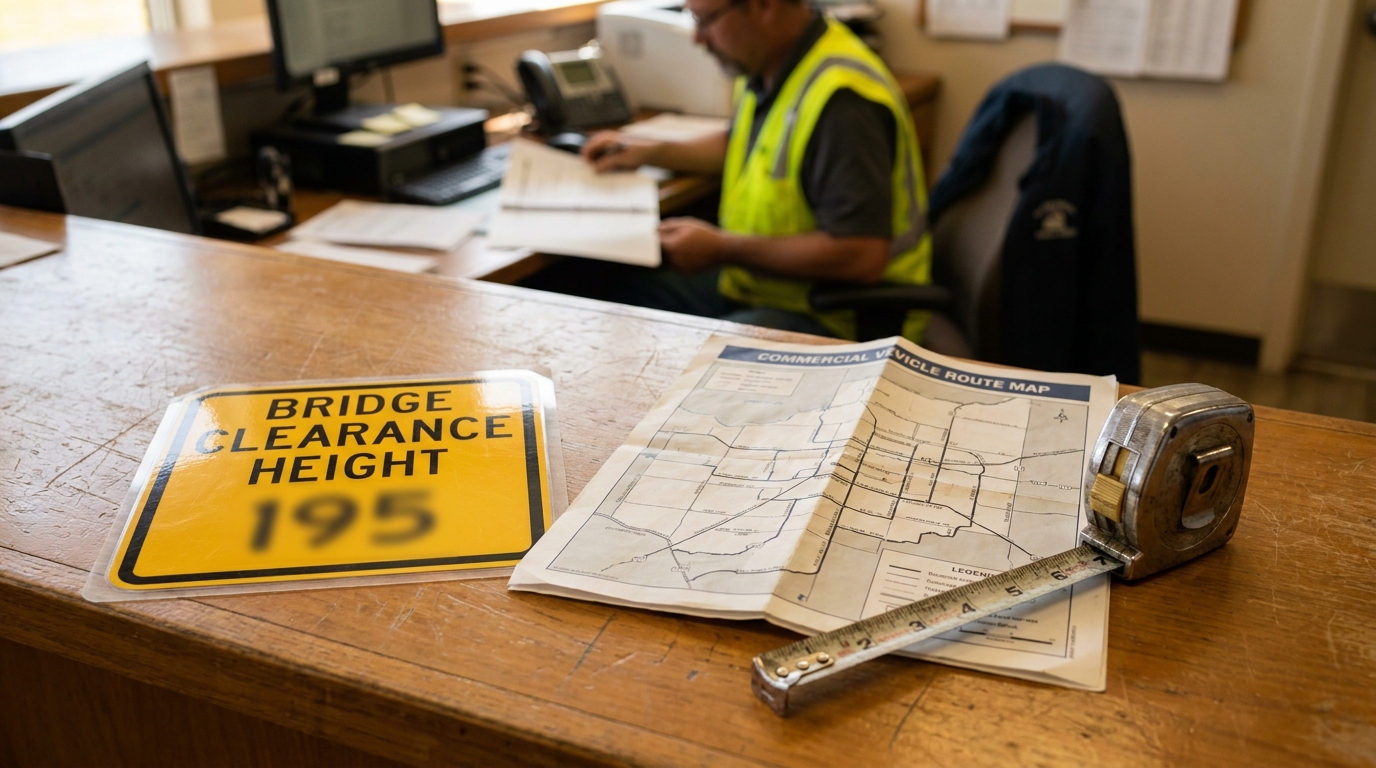Bridge Clearance Height Sign and Commercial Vehicle Route Map Richland Bridge Clearance Height 195 sign, commercial vehicle route map, and tape measure on desk