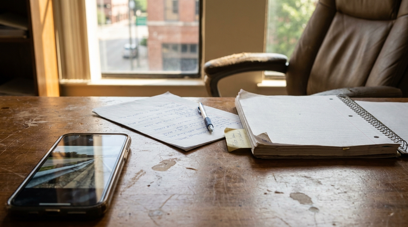 Houston Guardrail Accident Evidence Documentation Notes and Phone wooden desk with handwritten notes, spiral notebook, pen, and smartphone