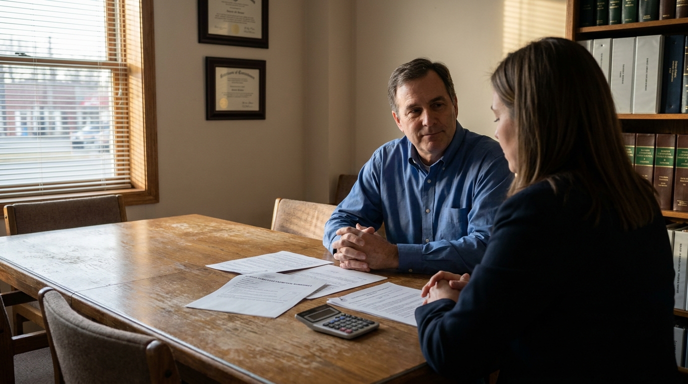 Illinois Bankruptcy Attorney Consulting Client on Home Equity attorney meeting with client across wooden table with legal documents and calculator