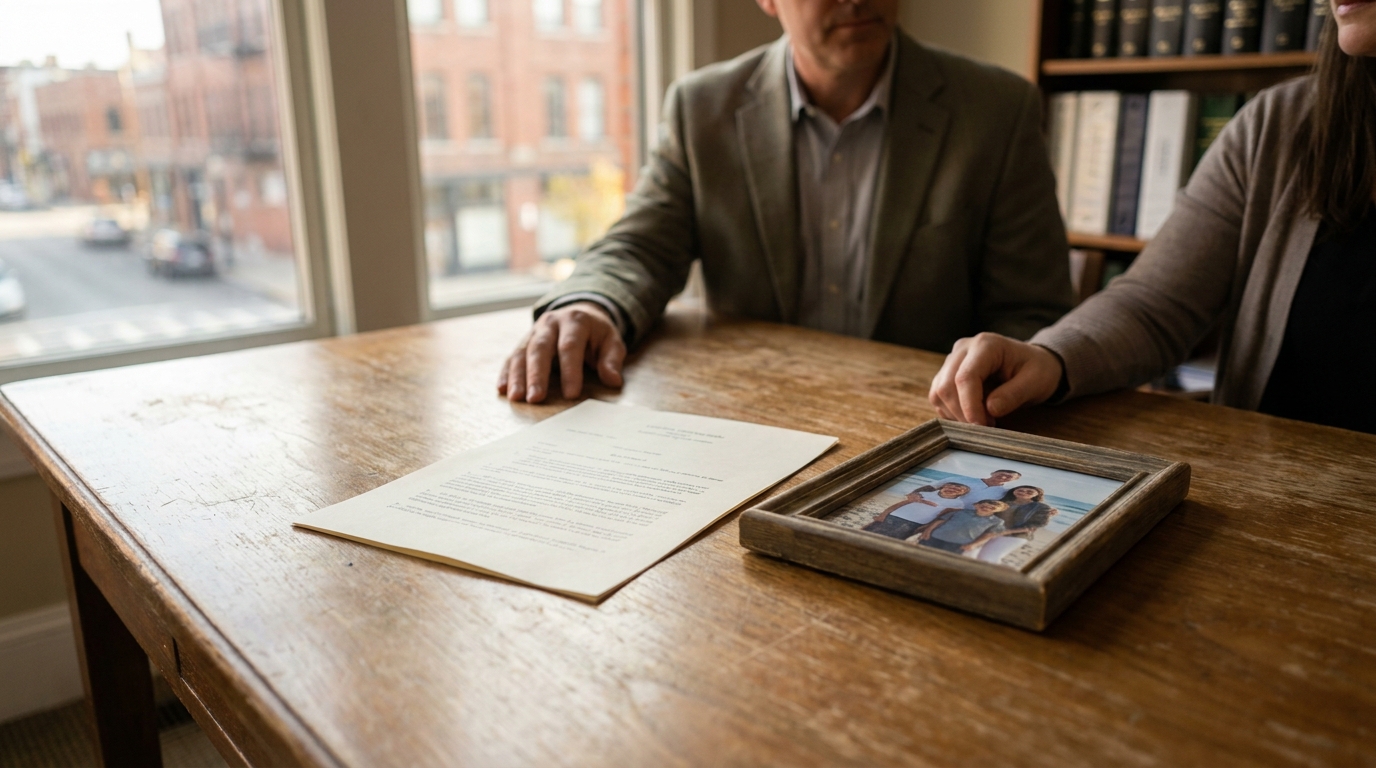 attorney and client seated at desk with legal document and framed family photo