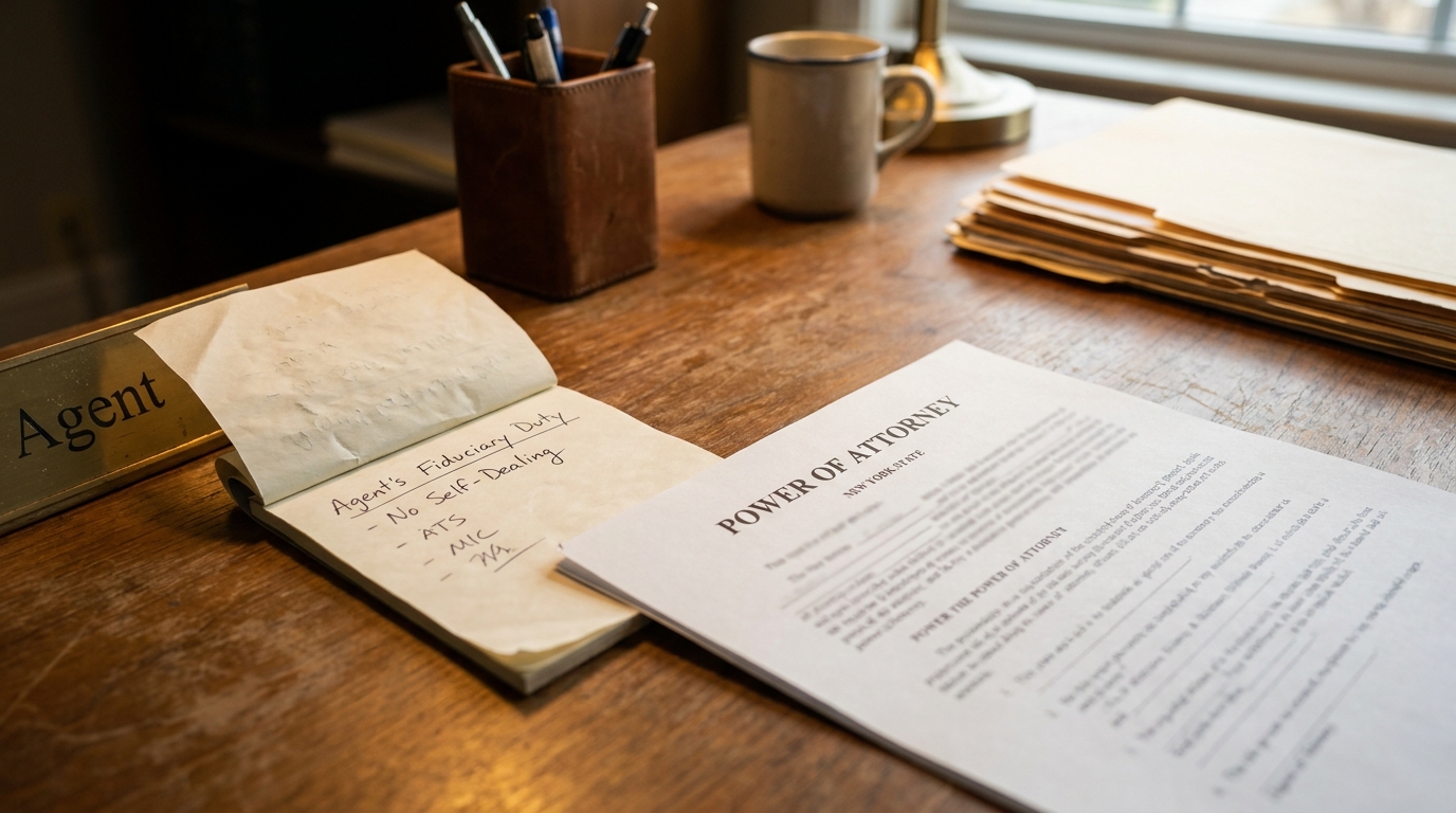 New York Power of Attorney Agent Document on Lawyer Desk New York State Power of Attorney document beside Agent nameplate and fiduciary duty notes
