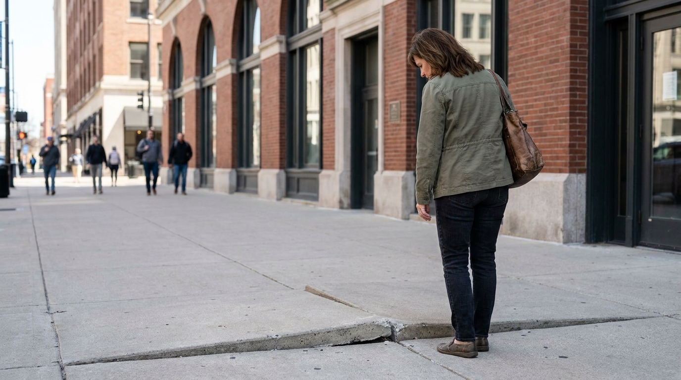 Woman Inspecting Cracked Sidewalk Trip Hazard Indianapolis woman looking down at raised cracked sidewalk slab on urban street