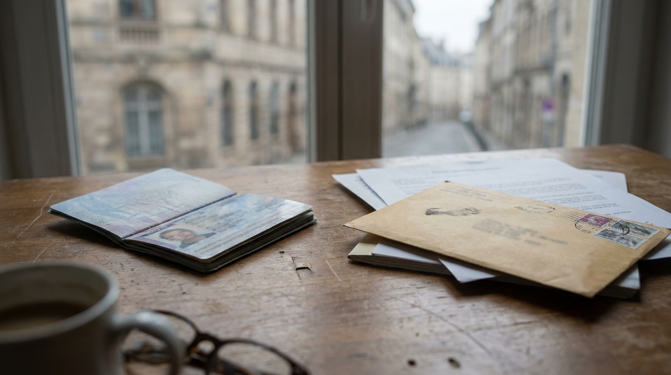 Passport and Legal Documents for Texas Divorce Filing Abroad open passport, stamped envelope, and documents on wooden desk near window