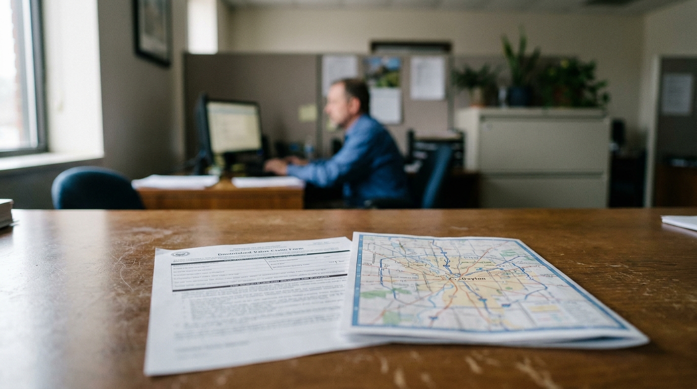 Diminished Value Claim Form and Dayton road map on office desk