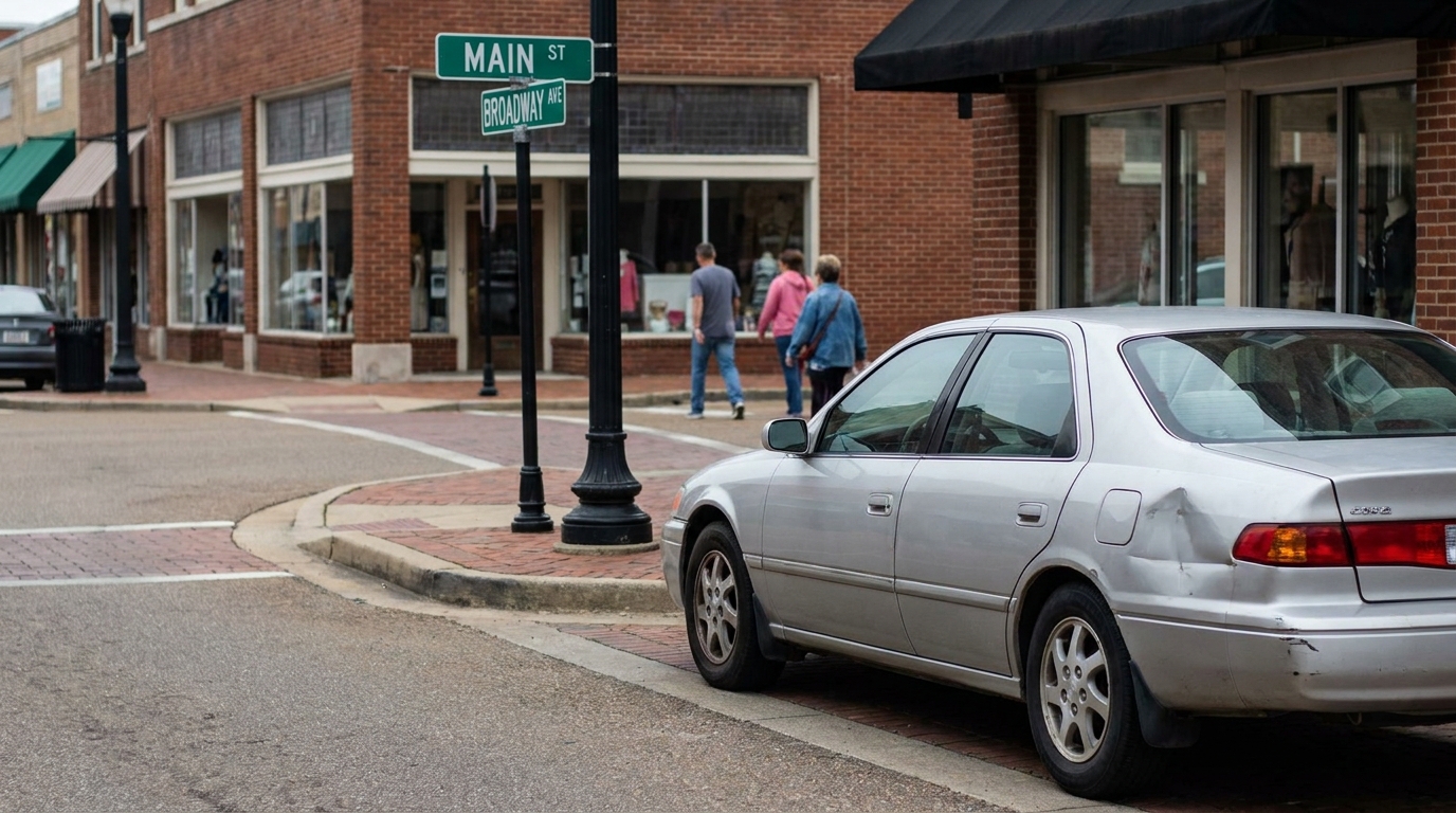 damaged sedan parked at Main Street and Broadway Avenue downtown intersection