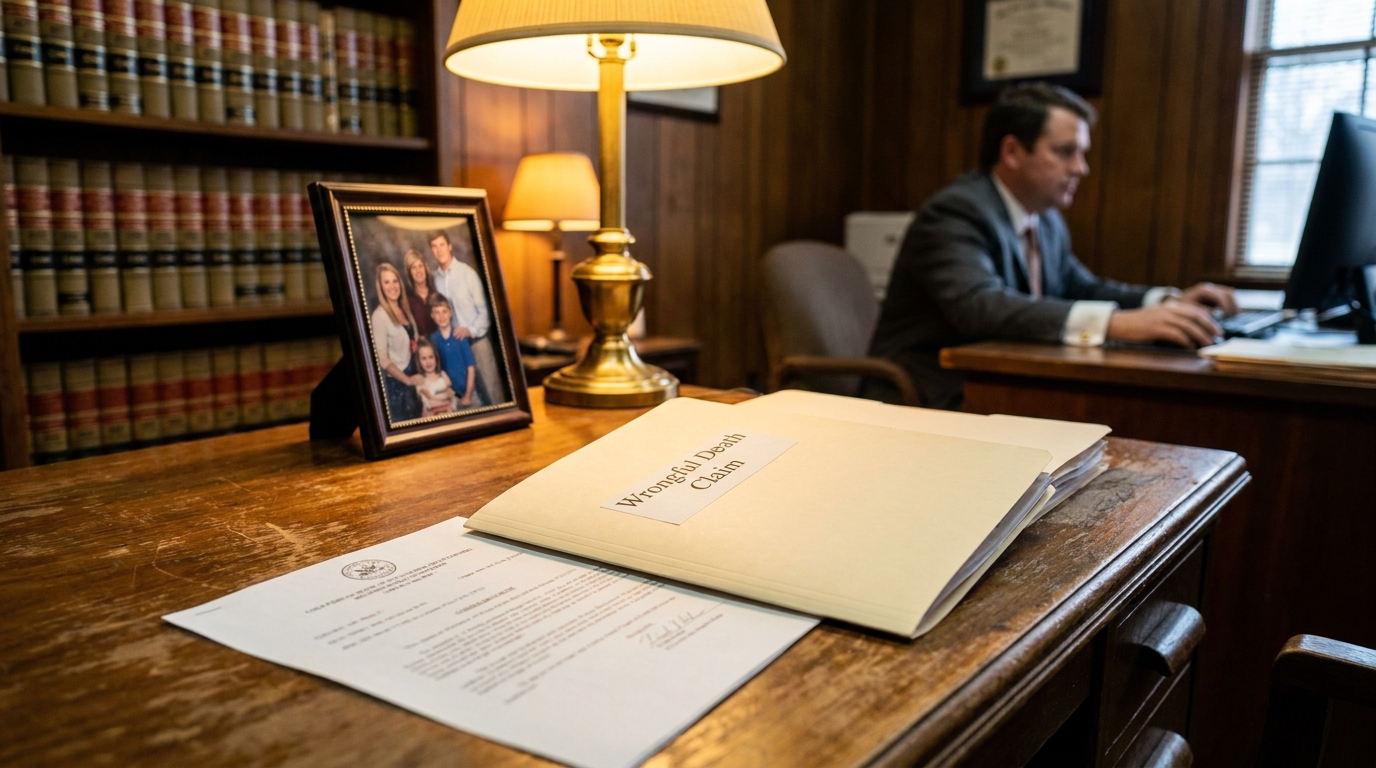 Columbus MS Attorney Reviewing Sibling Wrongful Death Claim Wrongful Death Claim folder on law office desk with attorney working in background