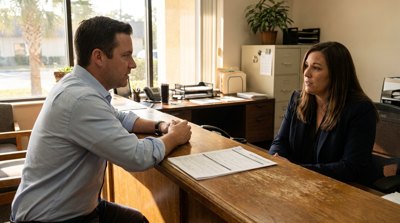 The Villages FL Attorney Consulting Client on UM Claim man and female attorney consulting across wooden desk with legal document