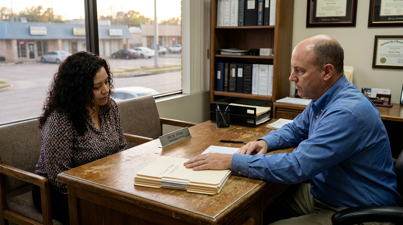 Houston Car Accident Claim Consultation With Attorney attorney and client reviewing claim file folder across office desk with framed credentials