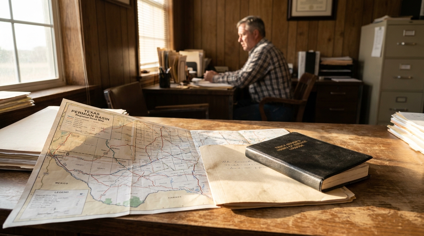 Midland Odessa Truck Accident Lawyer Reviewing Permian Basin Case Texas Permian Basin road map and truck driver logbook on wooden office desk