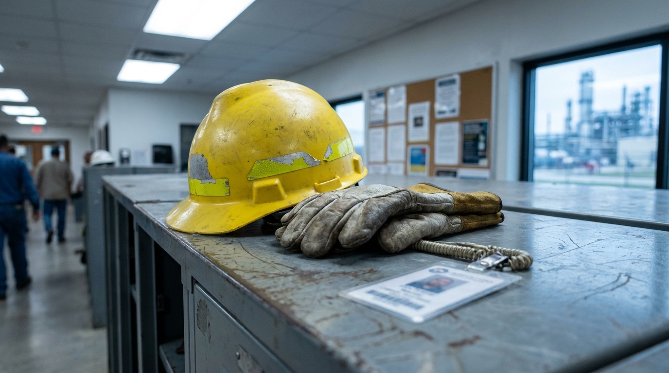 San Antonio Refinery Worker Hard Hat and Gloves worn hard hat, work gloves, and worker ID badge resting on industrial locker