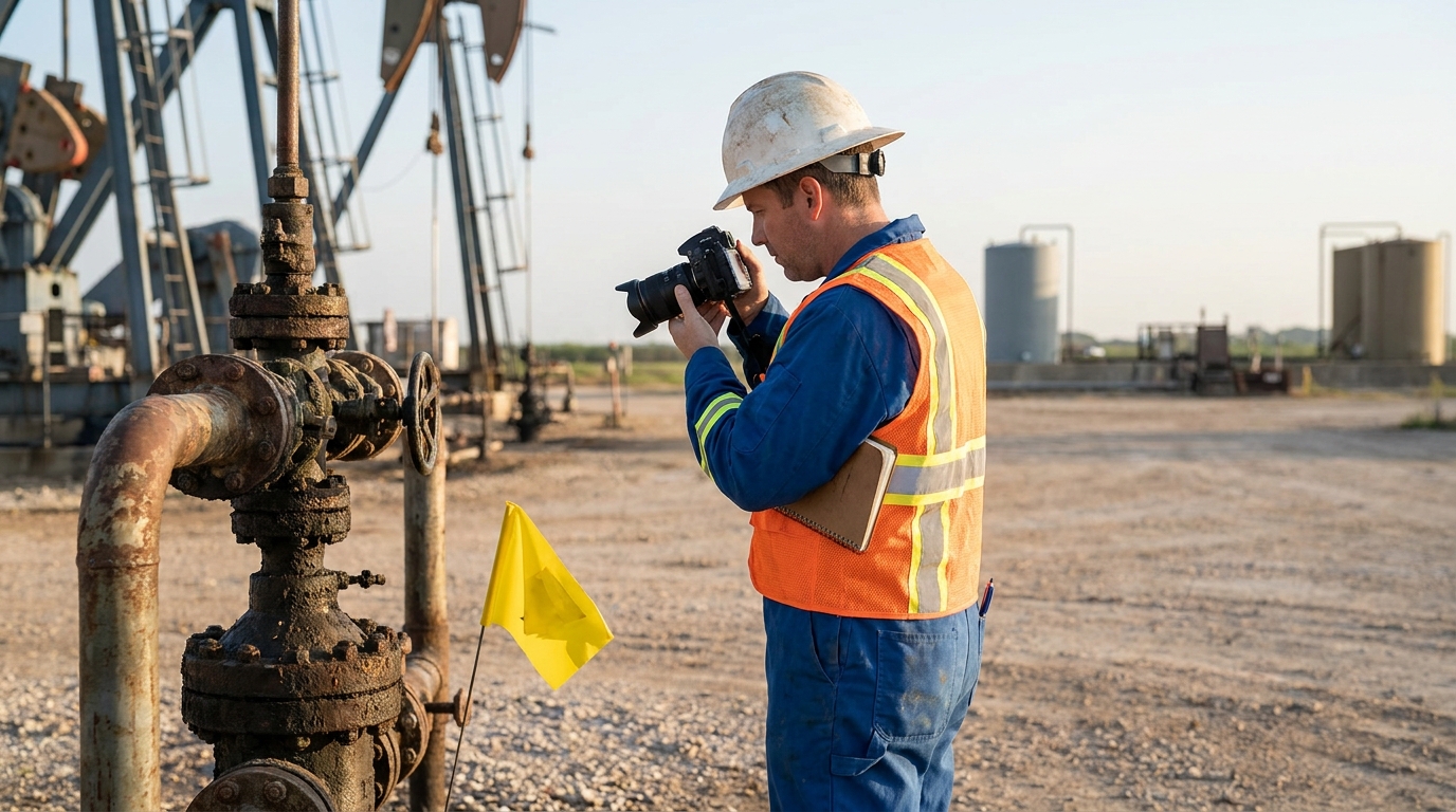 Houston Oilfield Worker Photographing Accident Evidence safety-vested worker photographing oil field pipeline valve with camera